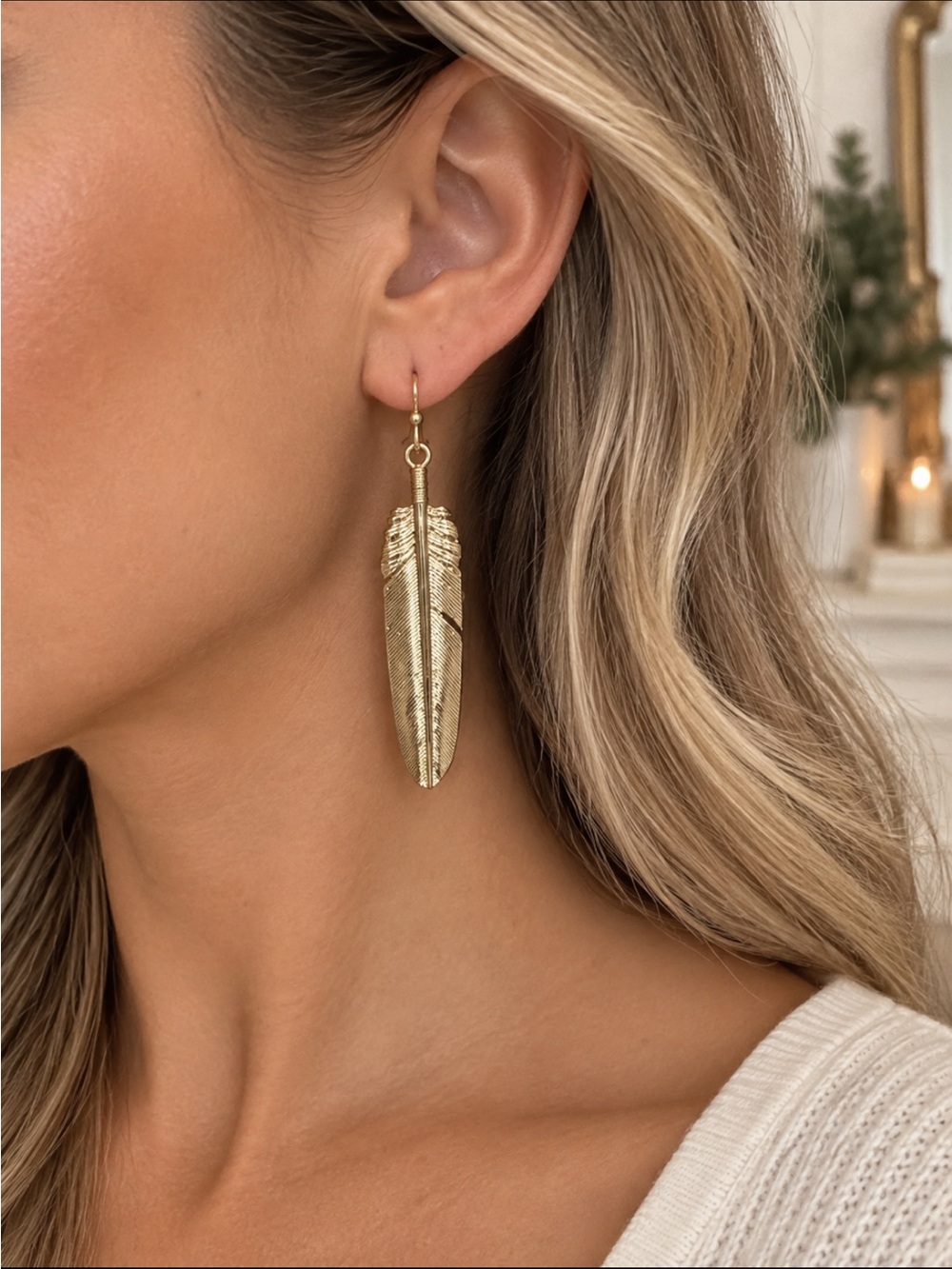 Fashion Jewelry Gold Feather Drop Earrings